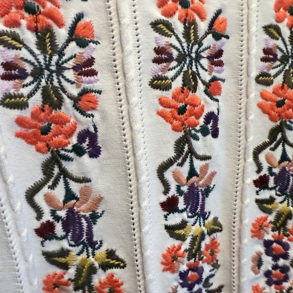 Floral Embroidered Short Sleeve Knit Sweater Top White Puff Sleeve Cottagecore - Picture 3 of 5